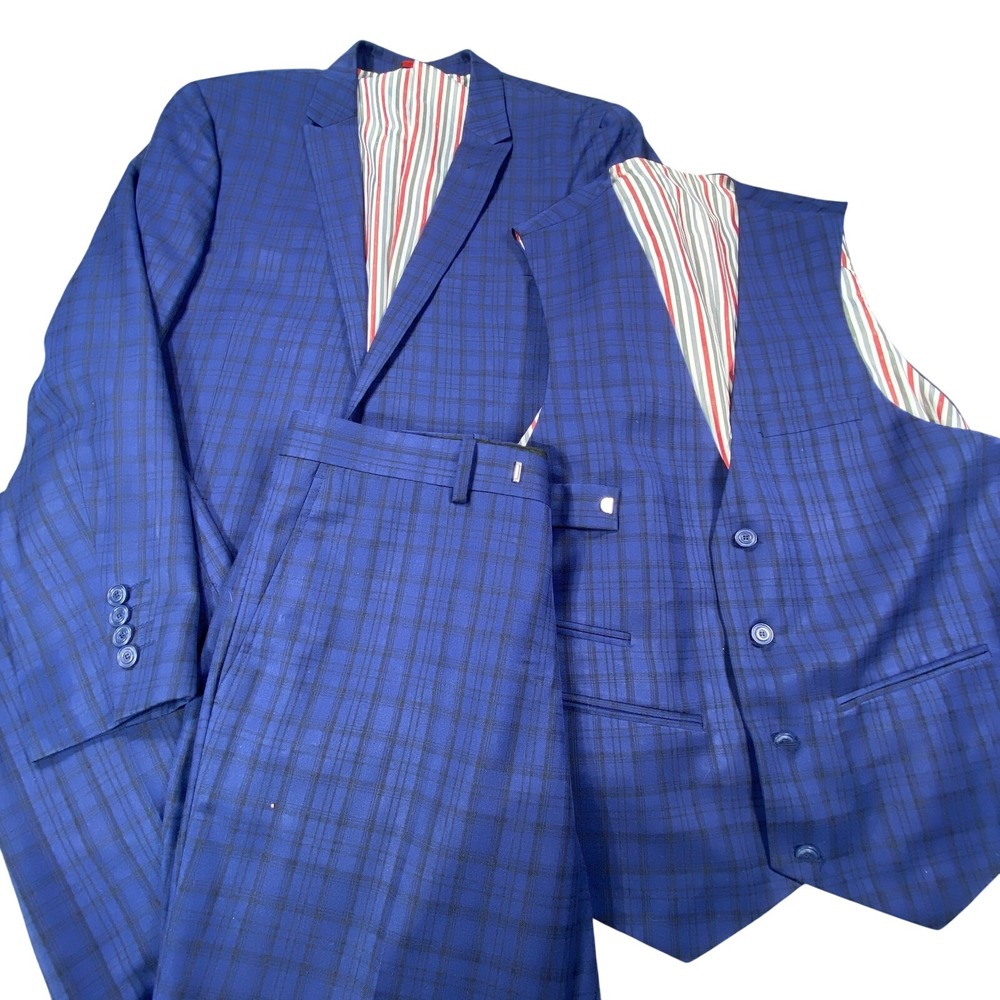Mens Plaid Suit Mens 440S Blazer 34x27 Pants Blue Gingham 3 Pc Classic Fit Italy